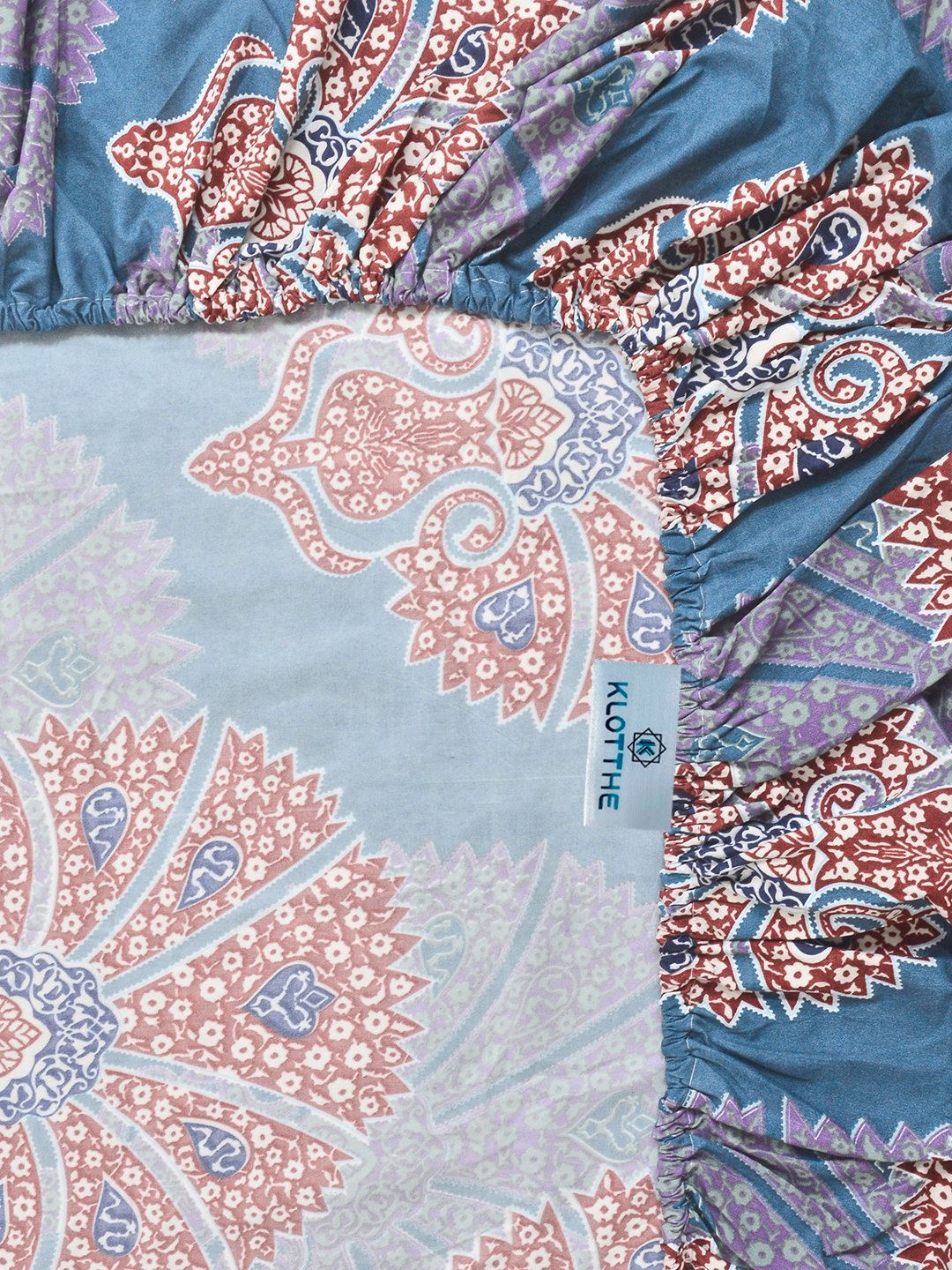 Blue Ethnic Motifs Fitted Fitted Cotton Blend Double Bedsheet with 2 Pillow Covers