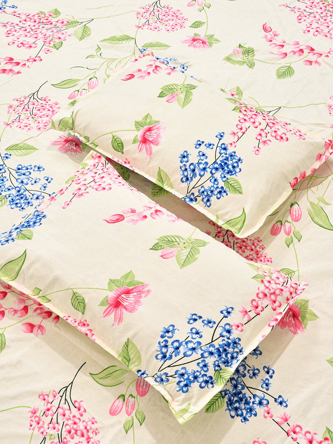 Cream Floral Cotton Blend Double Bedsheet with 2 Pillow Covers