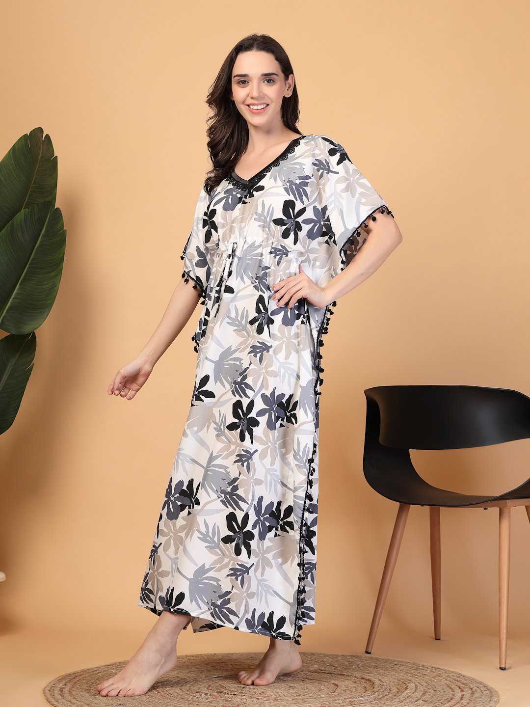 Grey Floral Cotton Blend Kaftan Maxi Nightdress