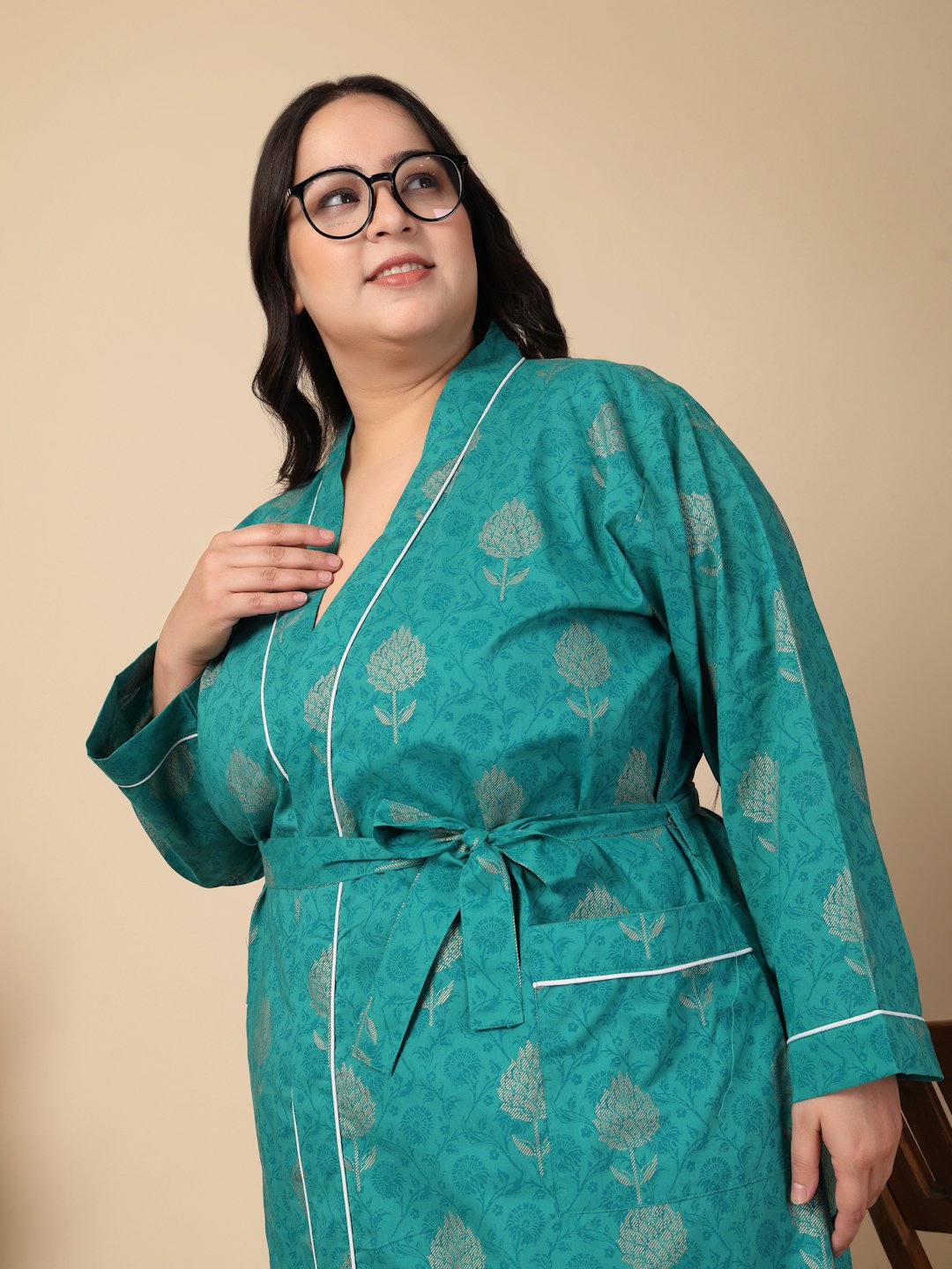 Women Printed Green Floral Plus Size Pure Cotton Bath Robe With Belt