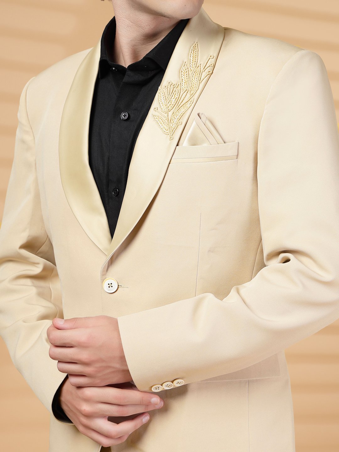 Cream Solid Embroidery Single-Breasted Two-Piece Party Suit