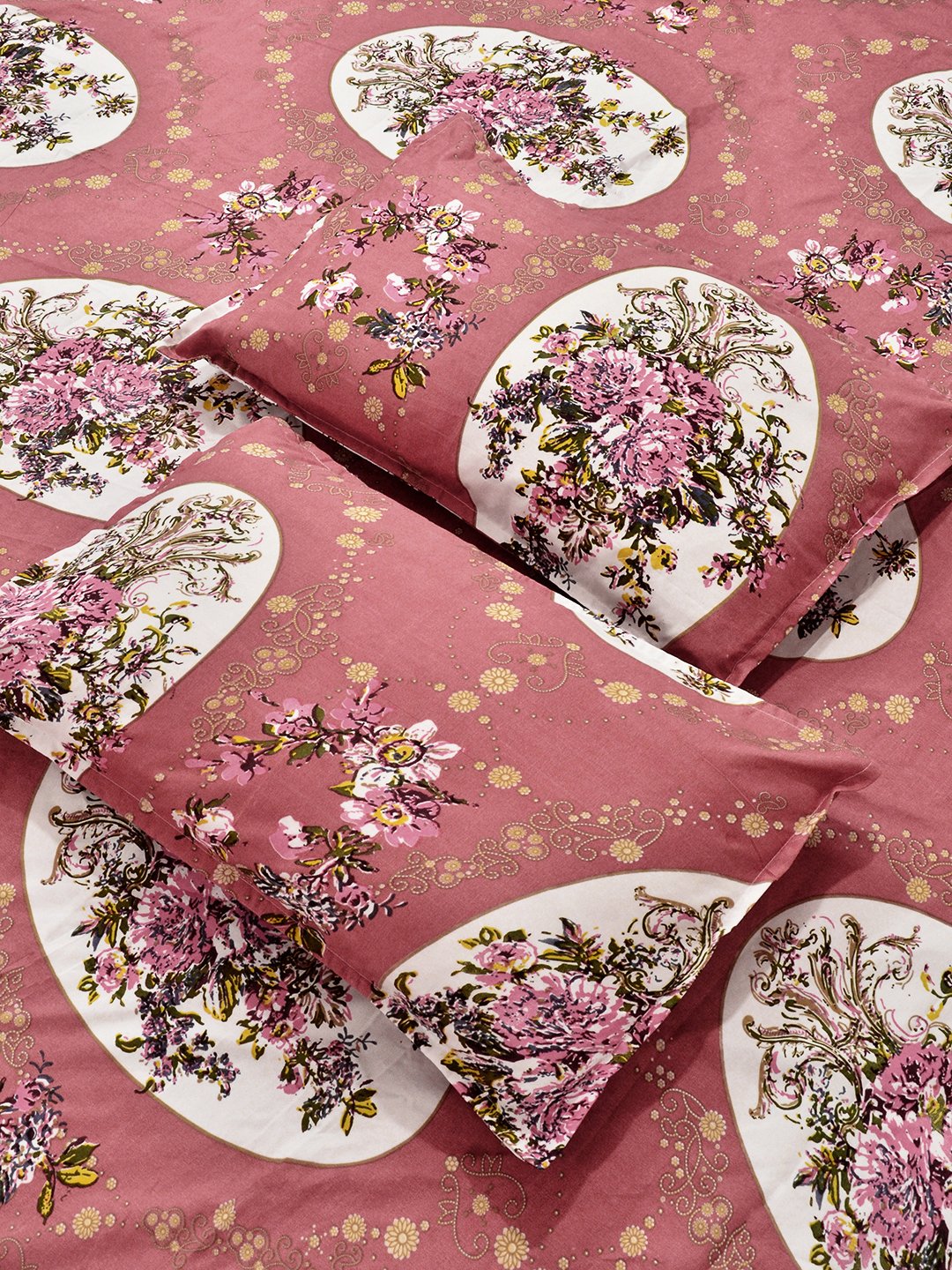 Rust Floral Cotton Blend Double Bedsheet with 2 Pillow Covers