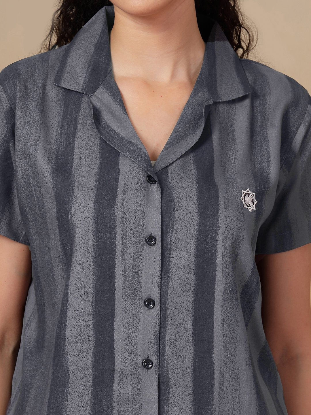 Women Grey Striped Pure Cotton Night Suit