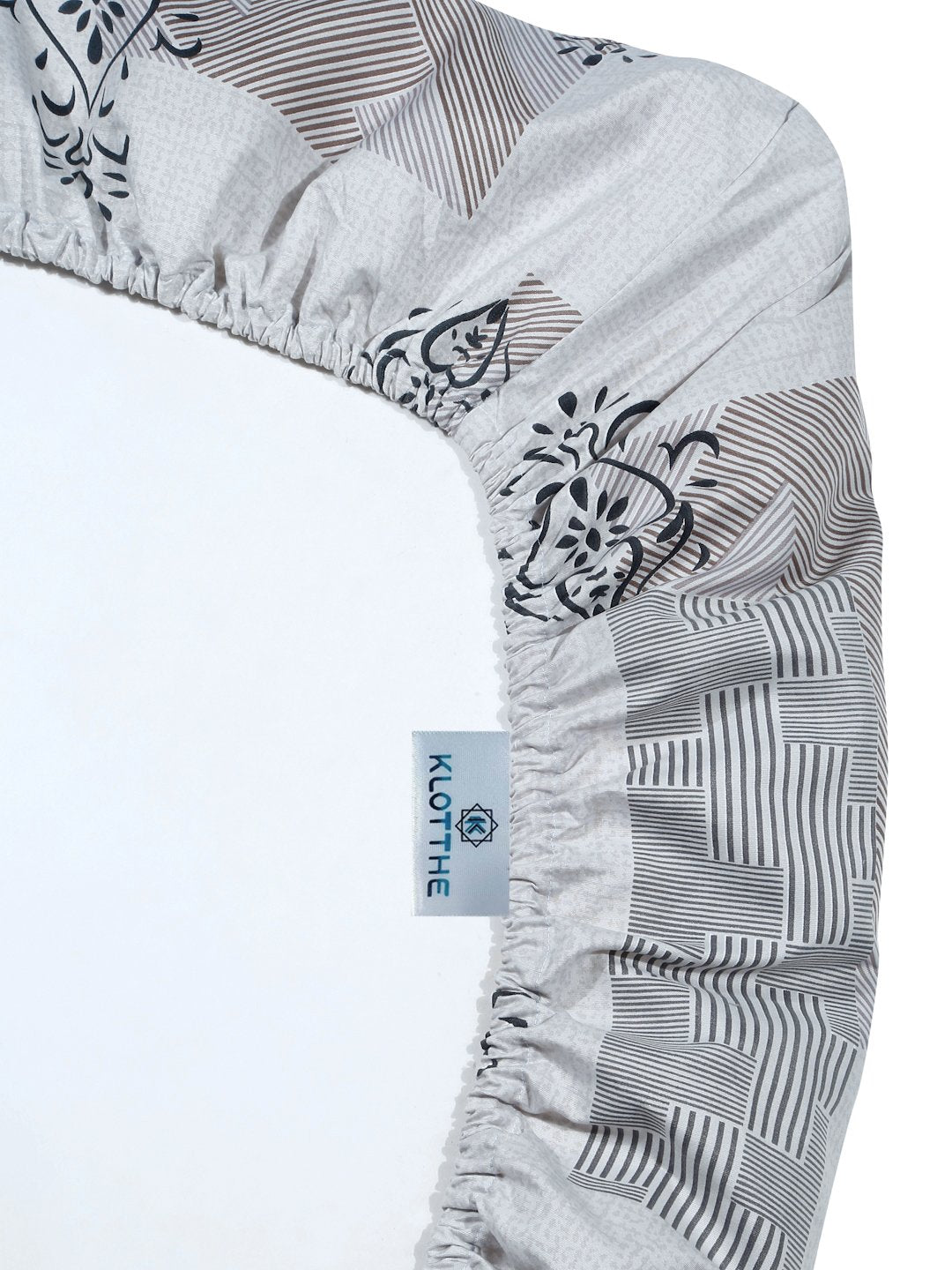 Grey Ethnic Motifs  300 TC Cotton Blend Fitted Double Bedsheet in Book Fold Packing