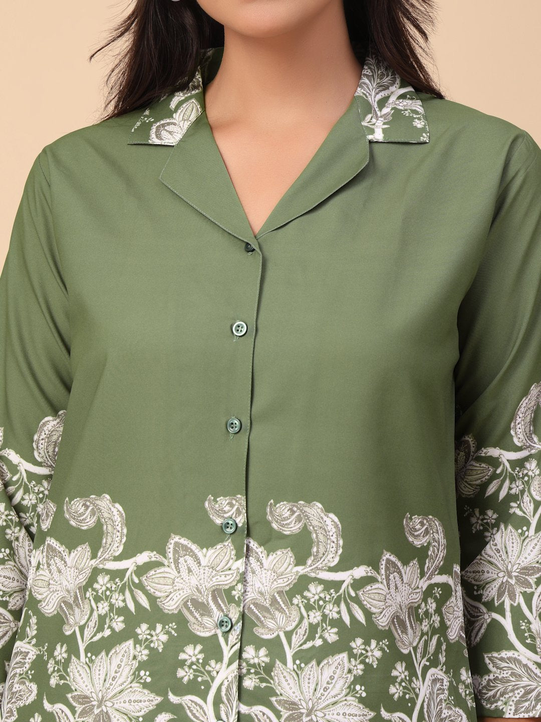Green Cotton Printed Shirt With Trousers Co-Ords Set