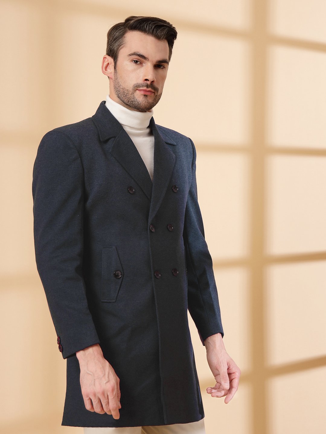 NavyBlue Long Sleeve Double-Breasted Woolen Coat