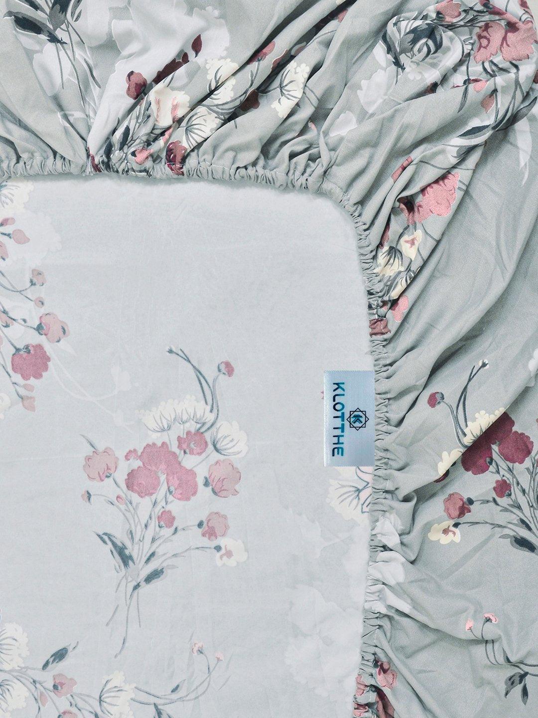 Grey Floral Fitted Fitted Cotton Blend Double Bedsheet with 2 Pillow Covers