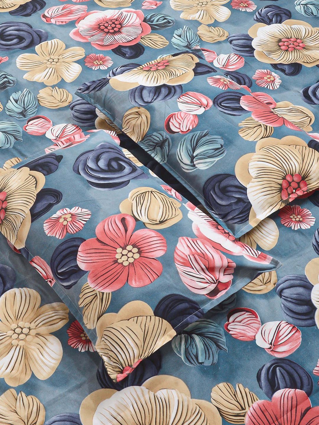 Blue Floral 7D King Size Cotton Blend Fitted Double Bedsheet with 2 Pillow Covers