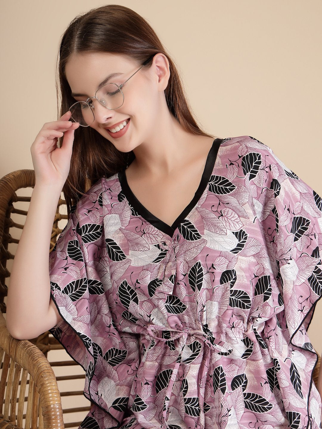 Pink Floral Cotton Blend Kaftan Maxi Nightdress