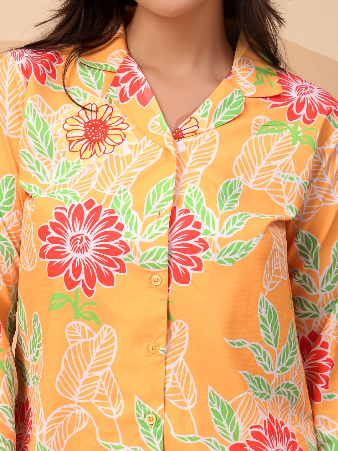 Yellow Cotton Printed Shirt With Trousers Co-Ords Set