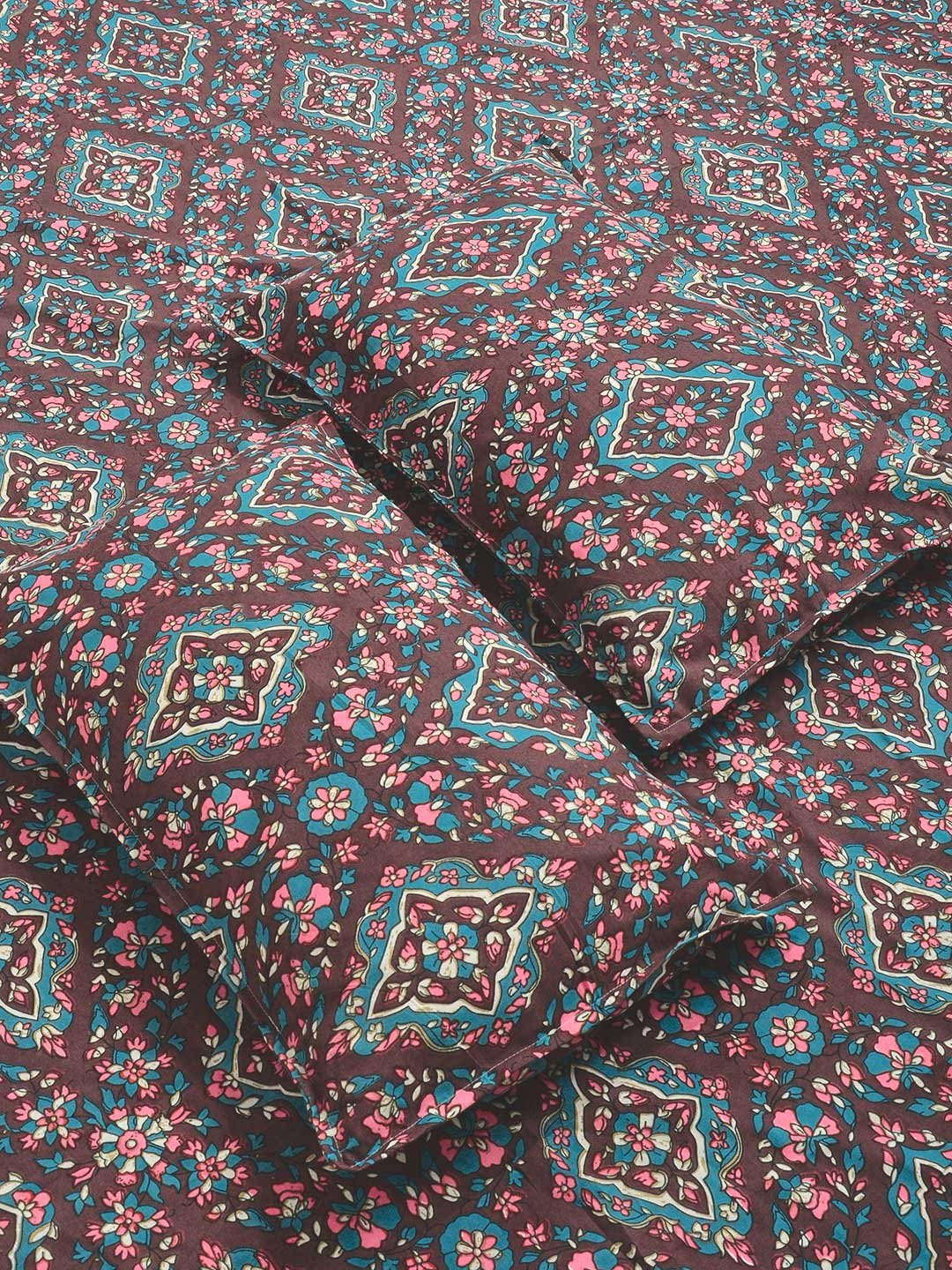 Brown Floral Cotton Blend Double Bedsheet with 2 Pillow Covers