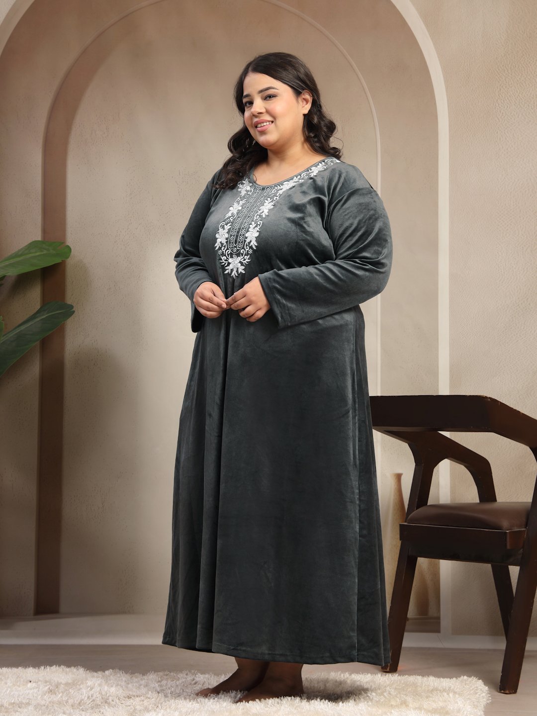 Klotthe Grey Solid Soft touch Velvet Maxi Nightdress