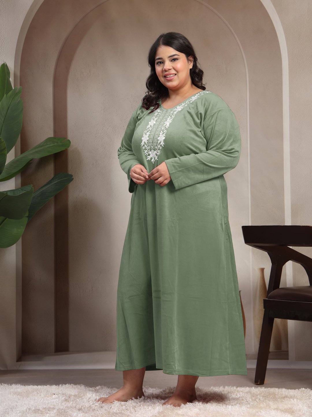 Klotthe Olive Solid Soft touch Velvet Maxi Nightdress