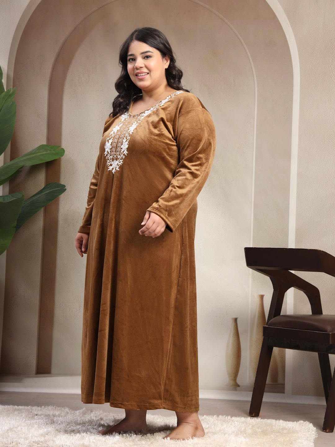 Klotthe Brown Solid Soft touch Velvet Maxi Nightdress