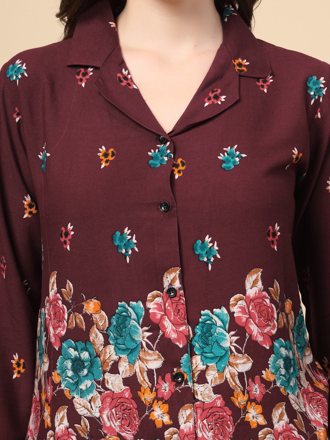 Wine Cotton Printed Shirt With Trousers Co-Ords Set