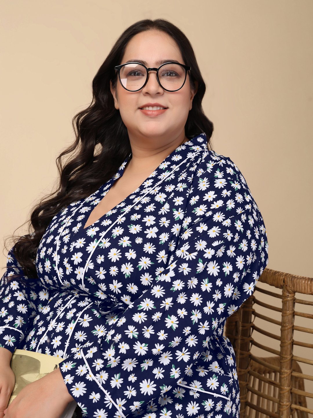 Women Printed Blue Floral Plus Size Pure Cotton Bath Robe With Belt