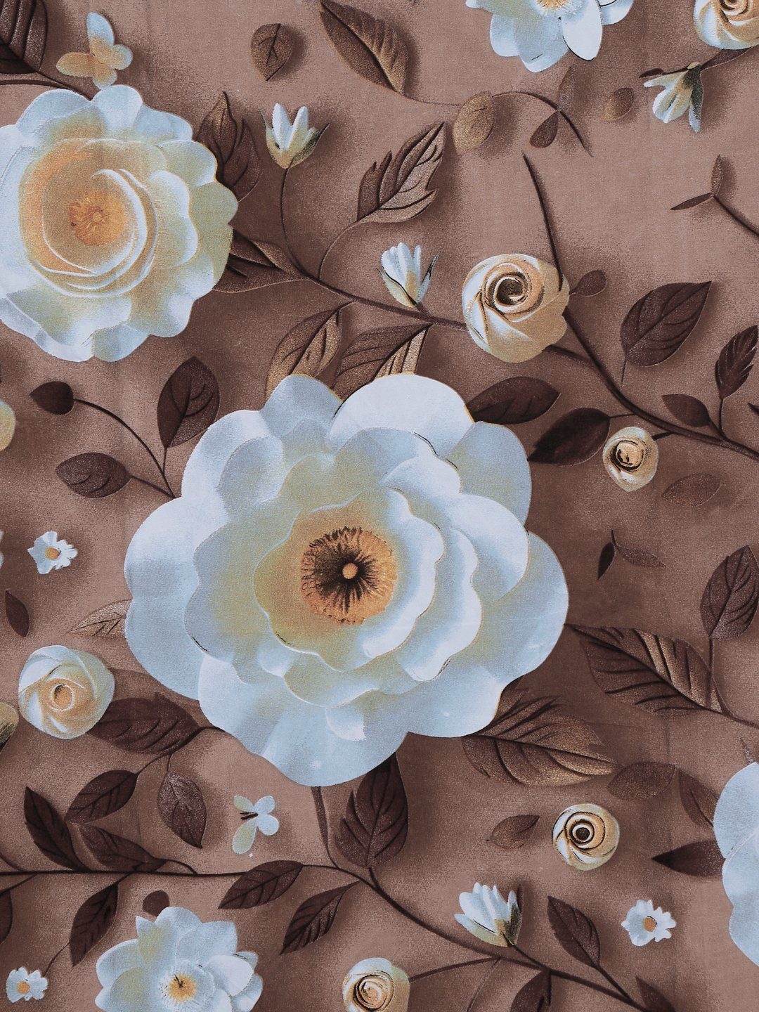 Brown Floral 7D King Size Cotton Blend Fitted Double Bedsheet with 2 Pillow Covers