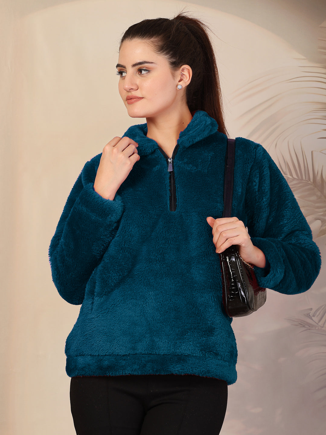 Klotthe Women Blue Solid Woolen Fur Winter Jacket