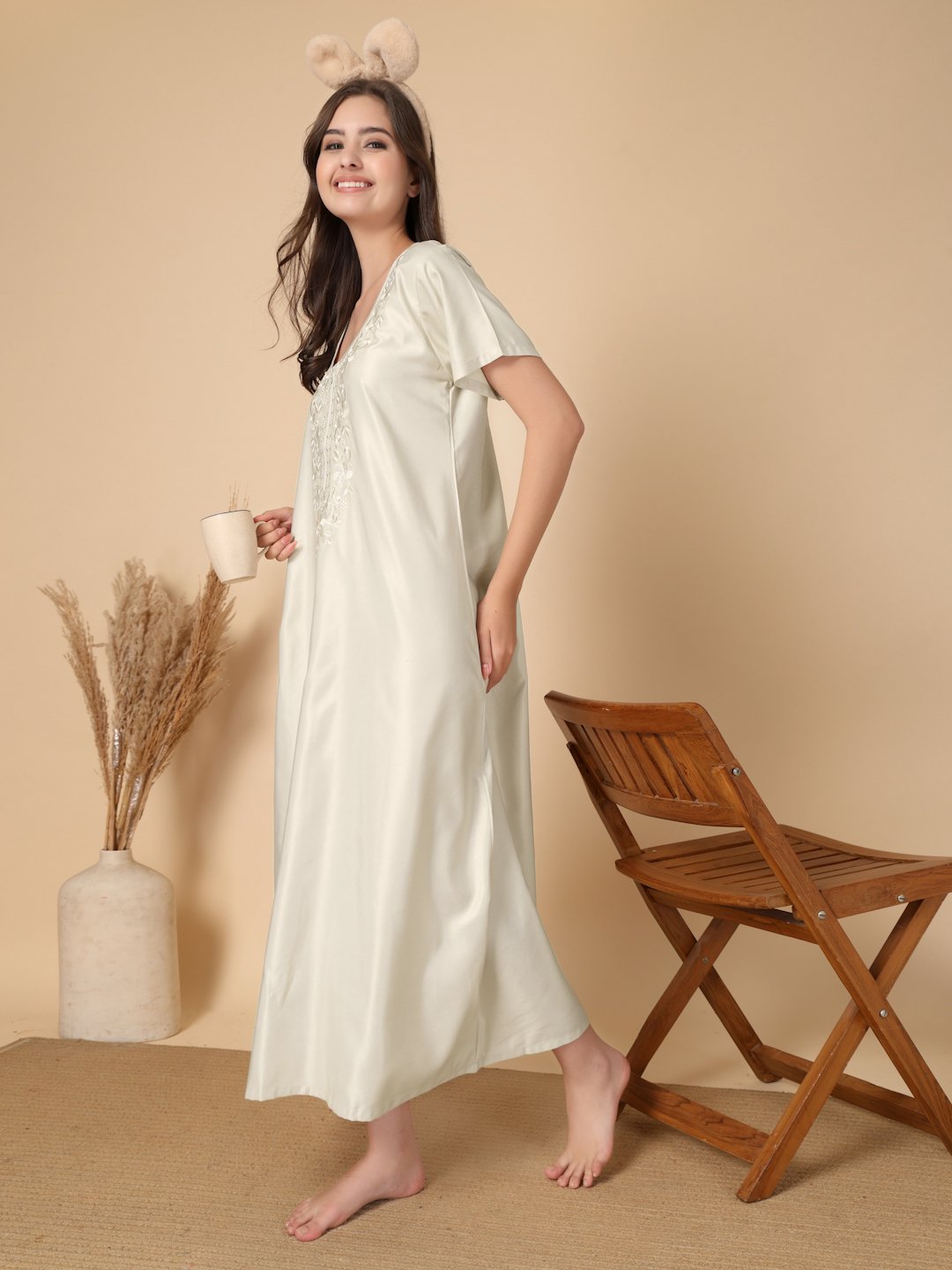 Cream Solid Soft Feel Cotton Blend Maxi
