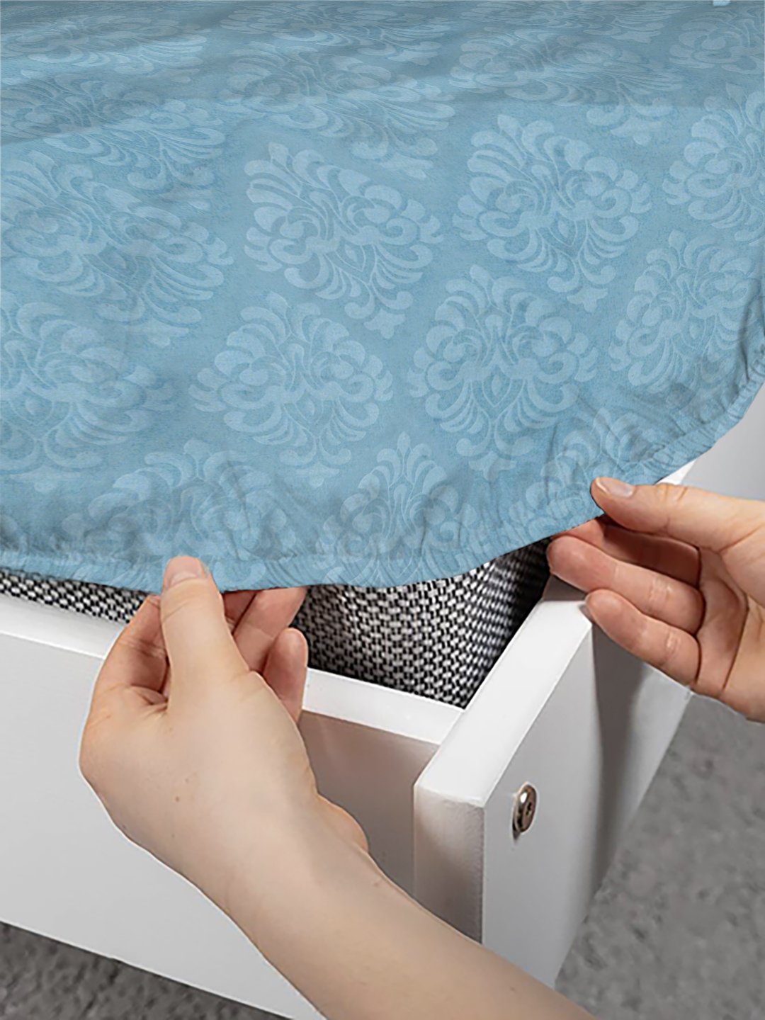 Turquoise Floral Embossed Cotton Blend Fitted Double Bedsheet with 2 Pillow Covers