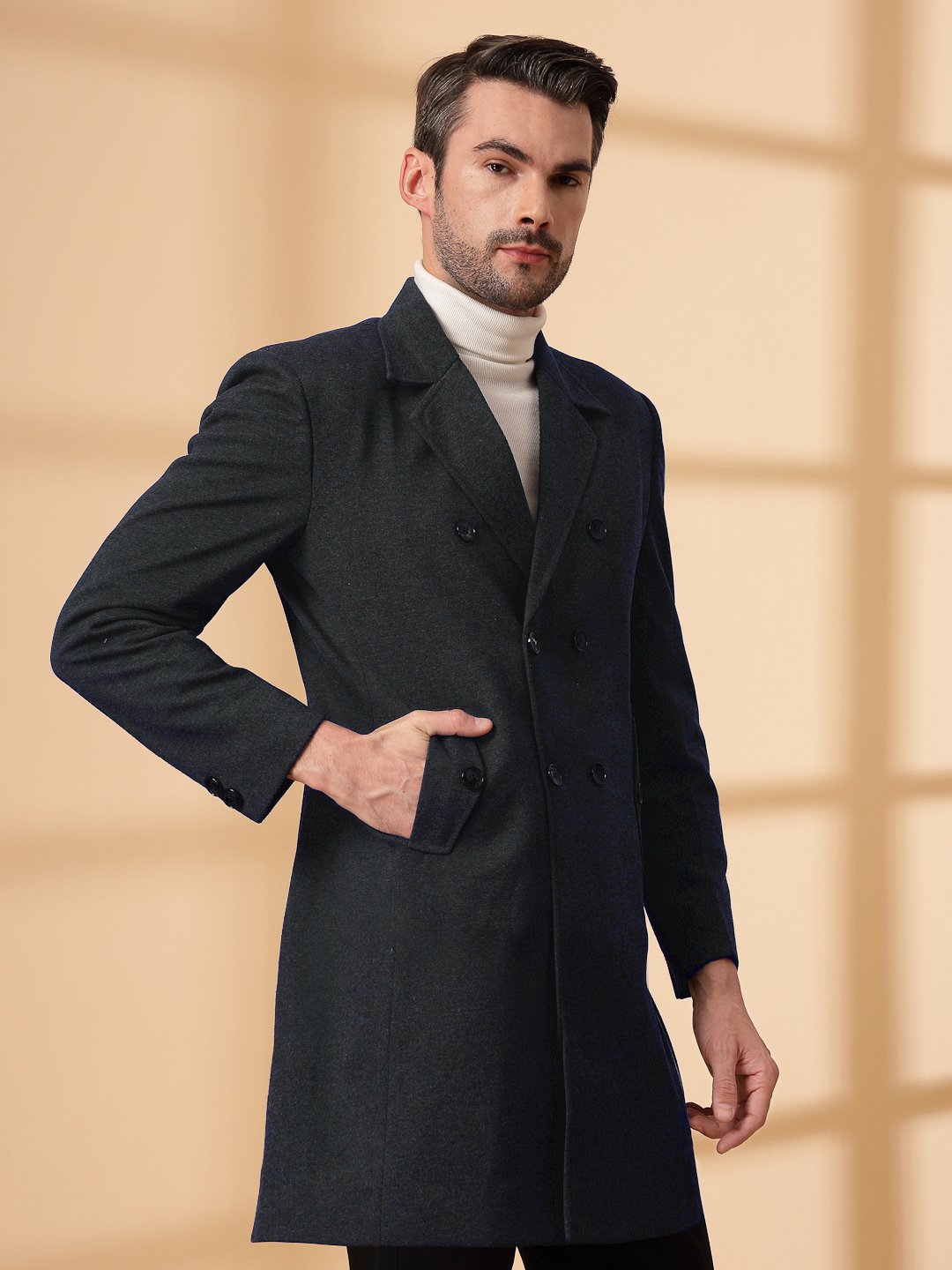 Dark Grey Long Sleeve Double-Breasted Woolen Coat