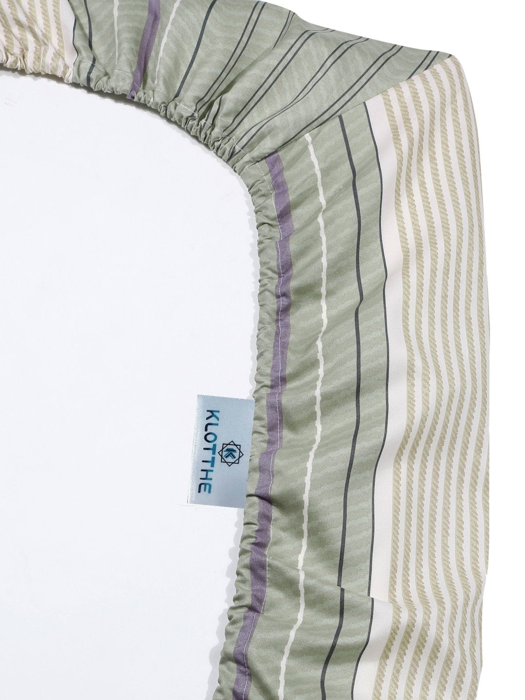 Green Striped 300 TC Cotton Blend Fitted Single Bedsheet with Pillow Cover