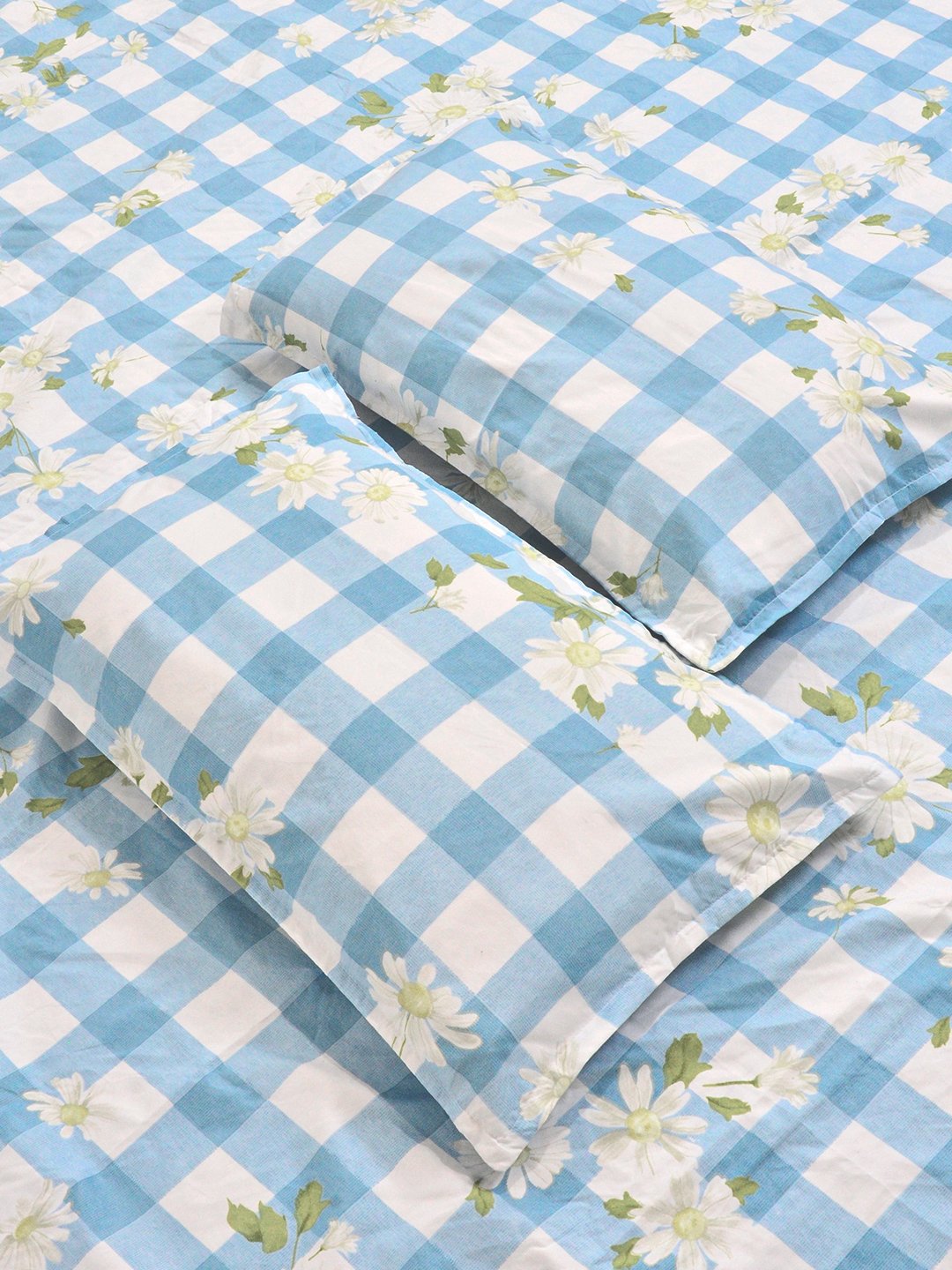 Blue Floral Cotton Blend Fitted Double Bedsheet with 2 Pillow Covers