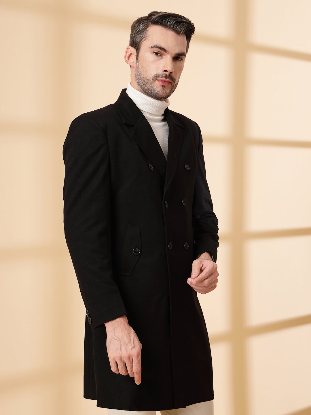 Black Long Sleeve Double-Breasted Woolen Coat