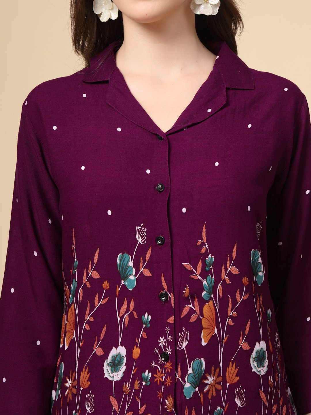 Wine Cotton Printed Shirt With Trousers Co-Ords Set