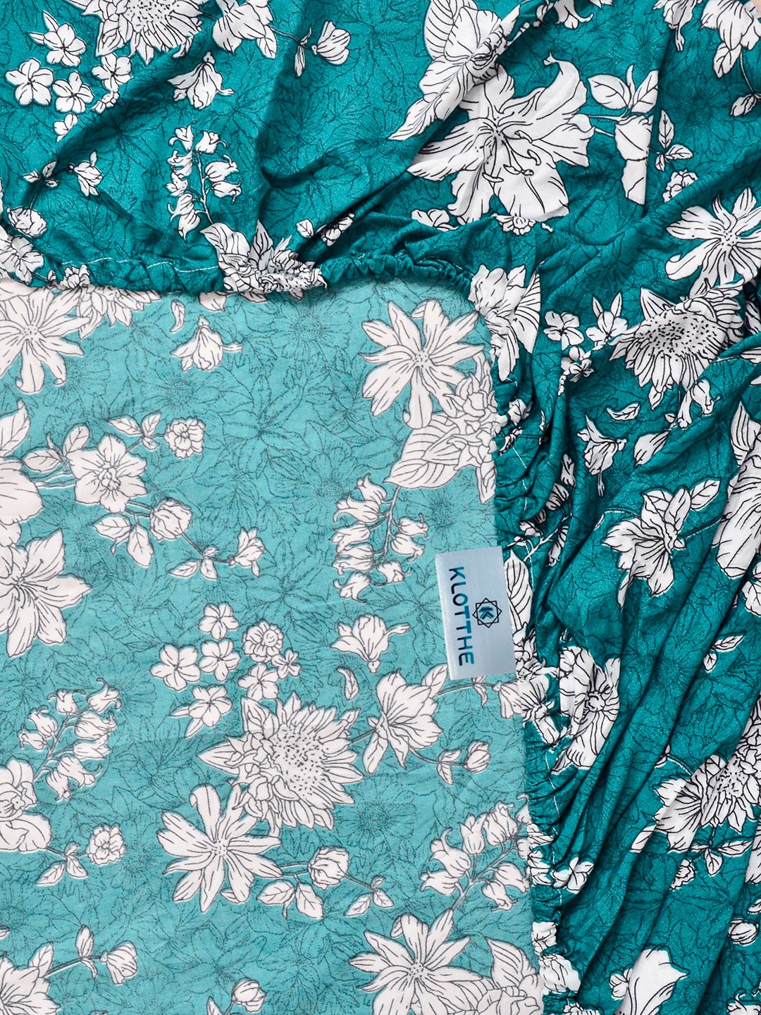 Green Floral Cotton Blend Fitted Single Bedsheet with Pillow Cover