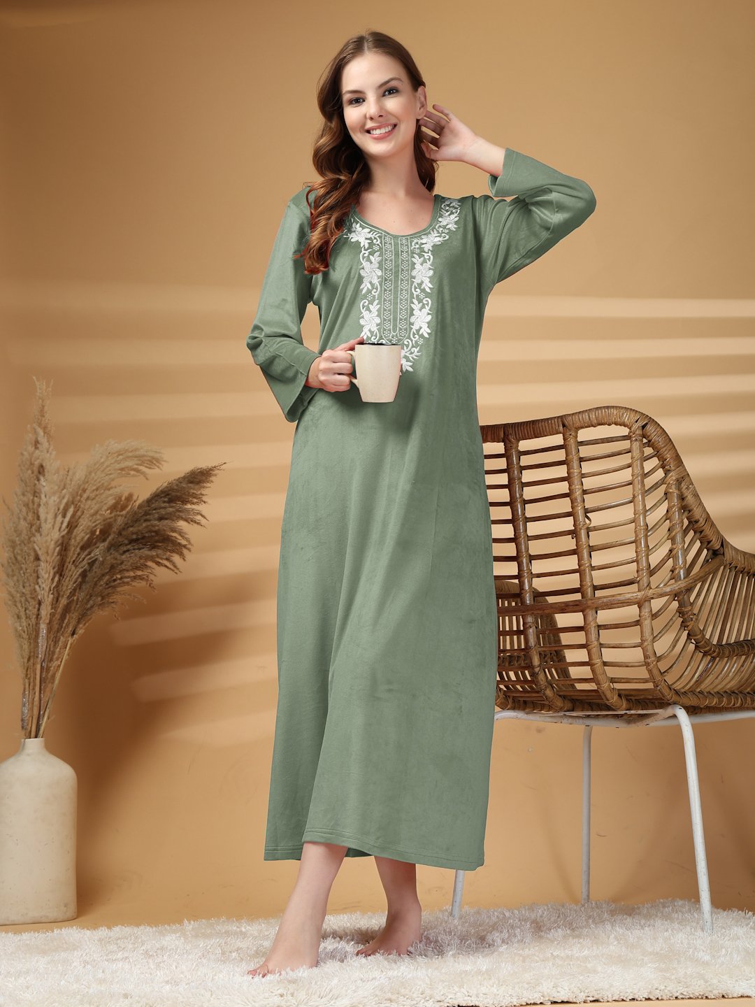 Klotthe Olive Solid Soft touch Velvet Maxi Nightdress