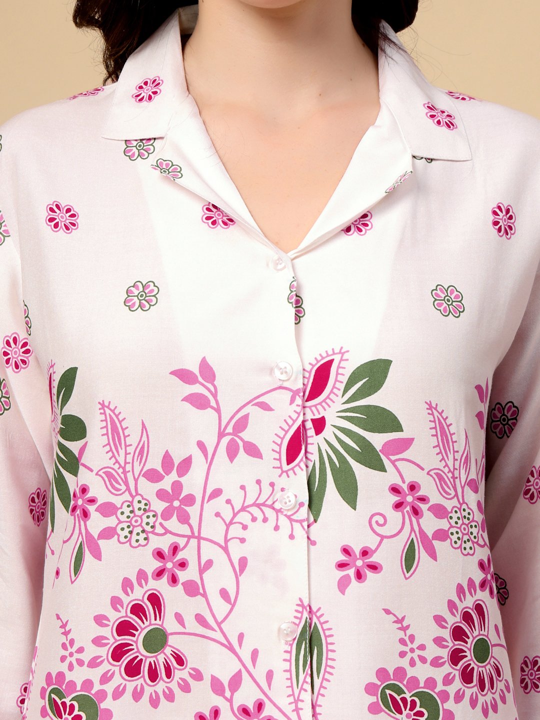 Cream Cotton Printed Shirt With Trousers Co-Ords Set