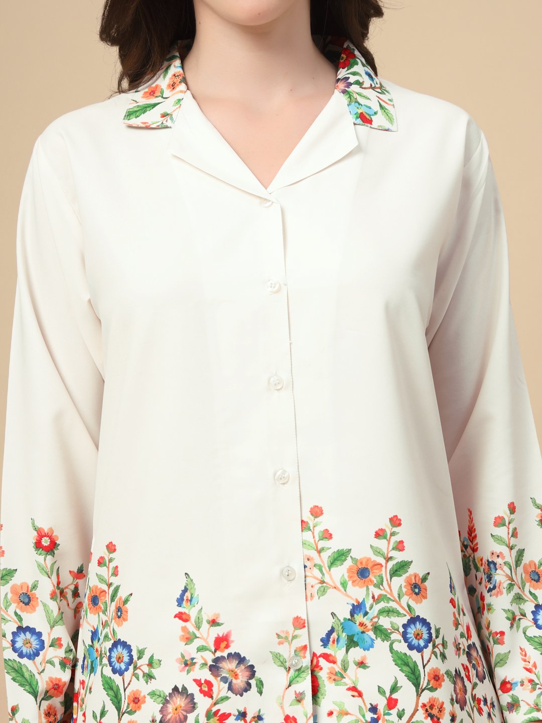 Cream Cotton Printed Shirt With Trousers Co-Ords Set