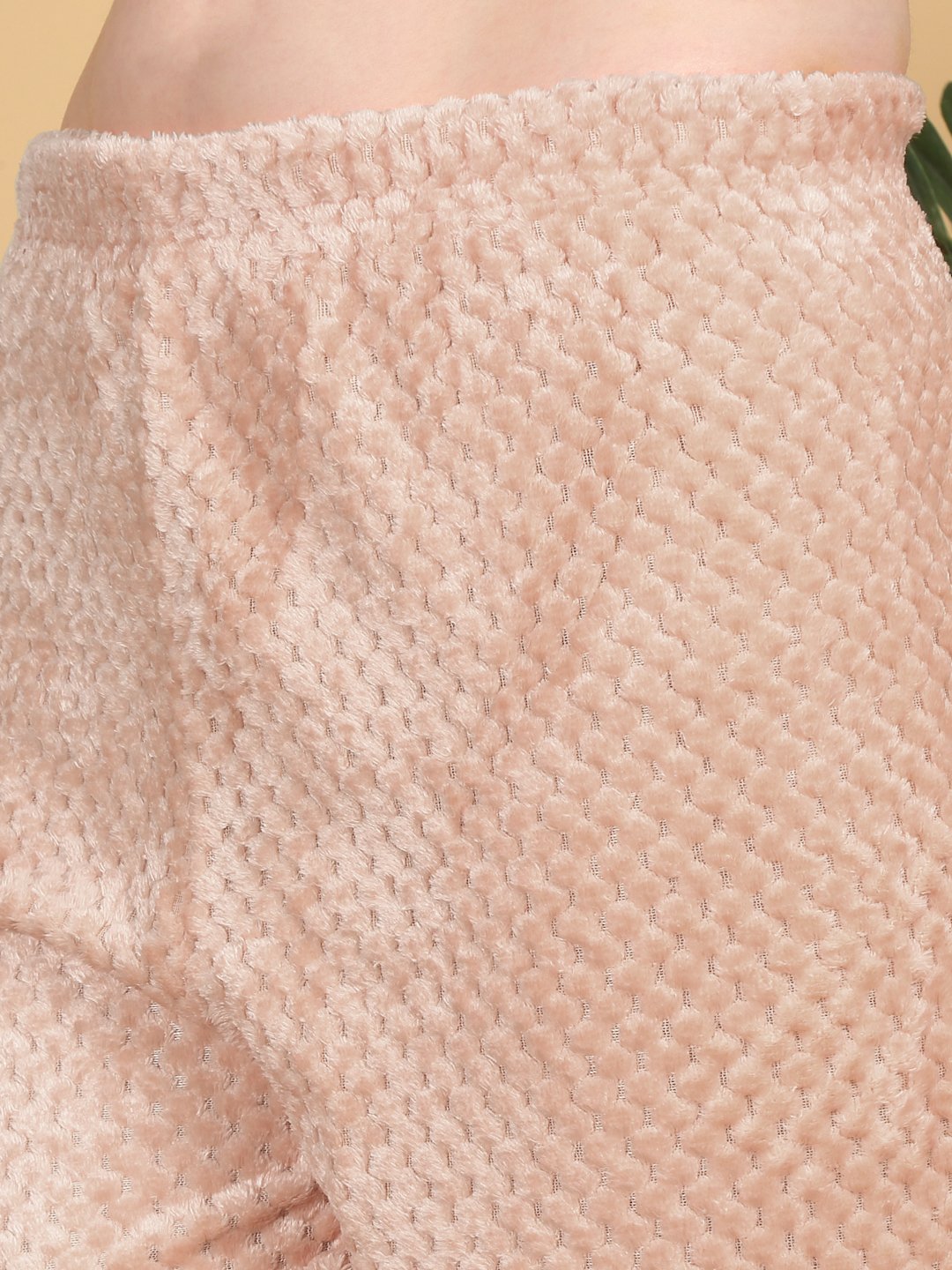 Women Peach Solid Hooded Woolen Night Suit