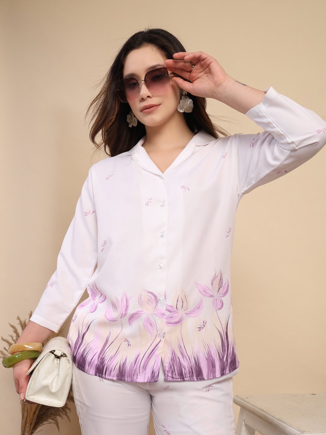 White Cotton Printed Shirt With Trousers Co-Ords Set