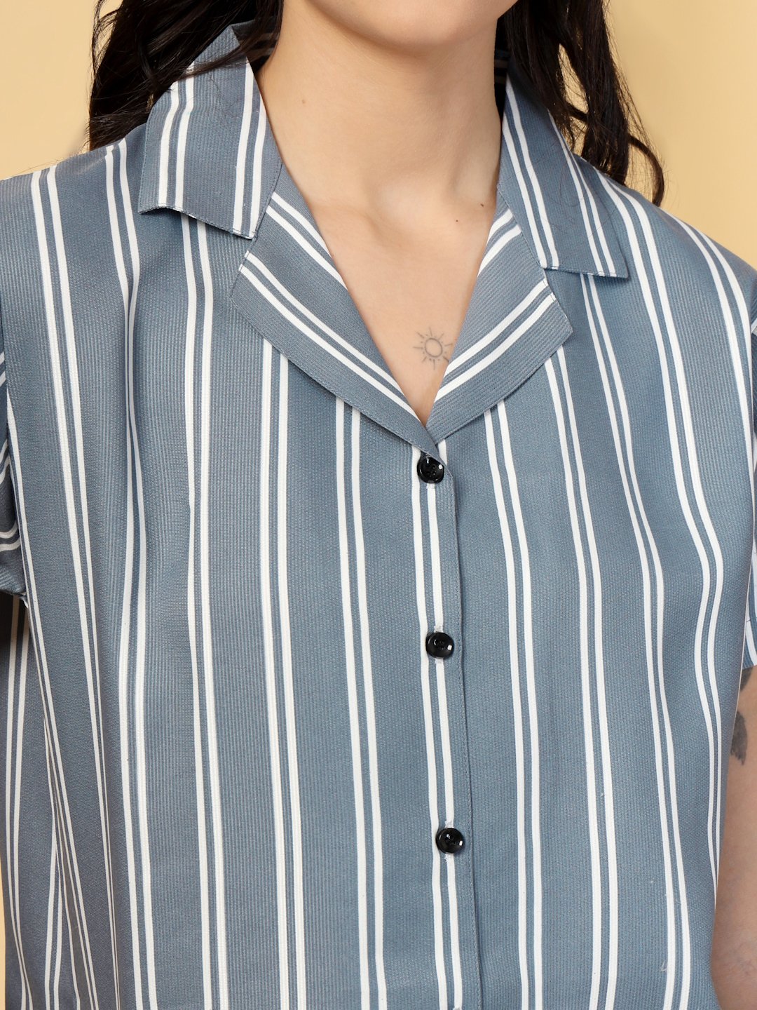 Women Grey Striped Cotton Blend Night Suit