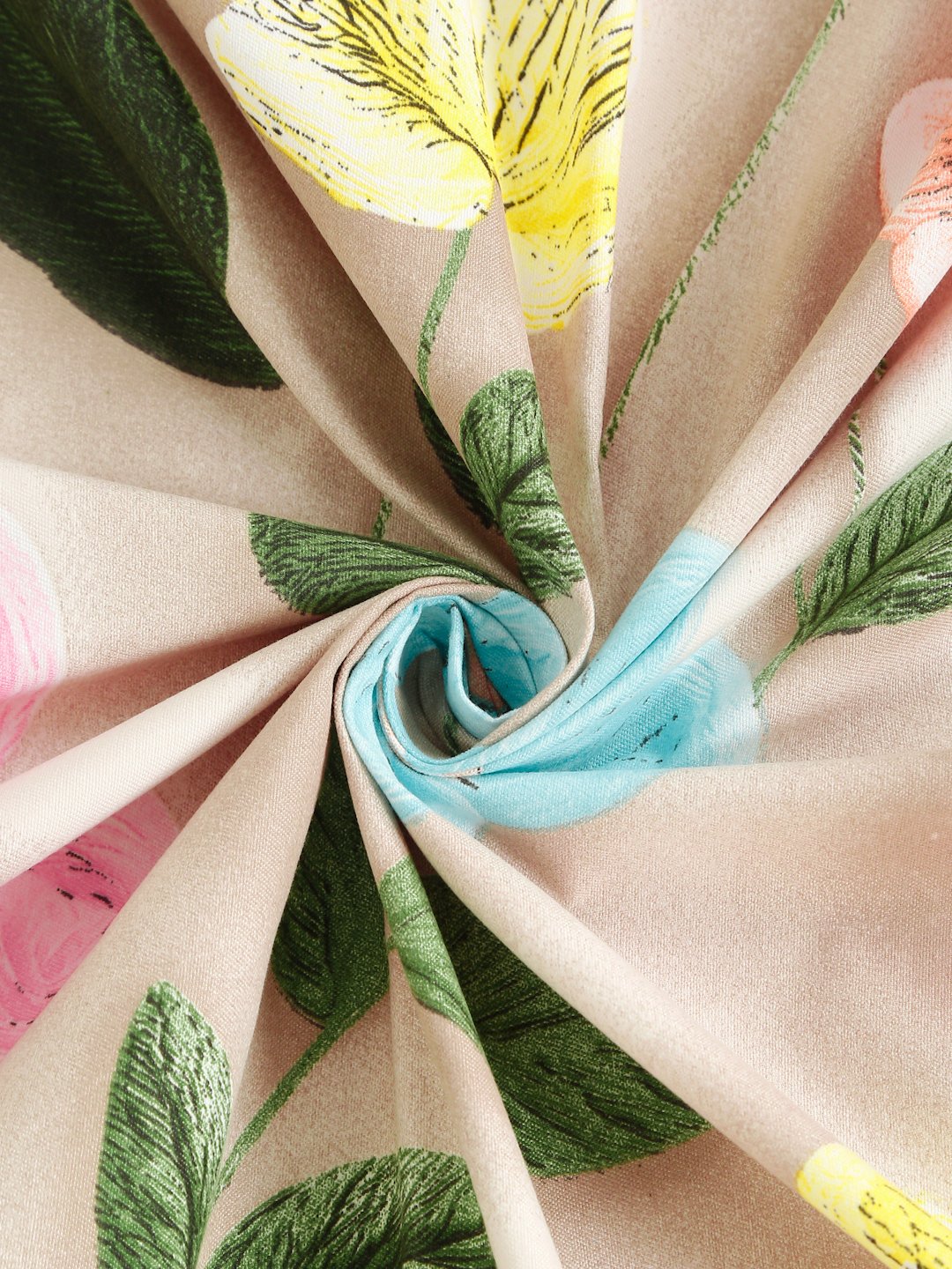 Beige Floral 7D King Size Cotton Blend Fitted Double Bedsheet with 2 Pillow Covers