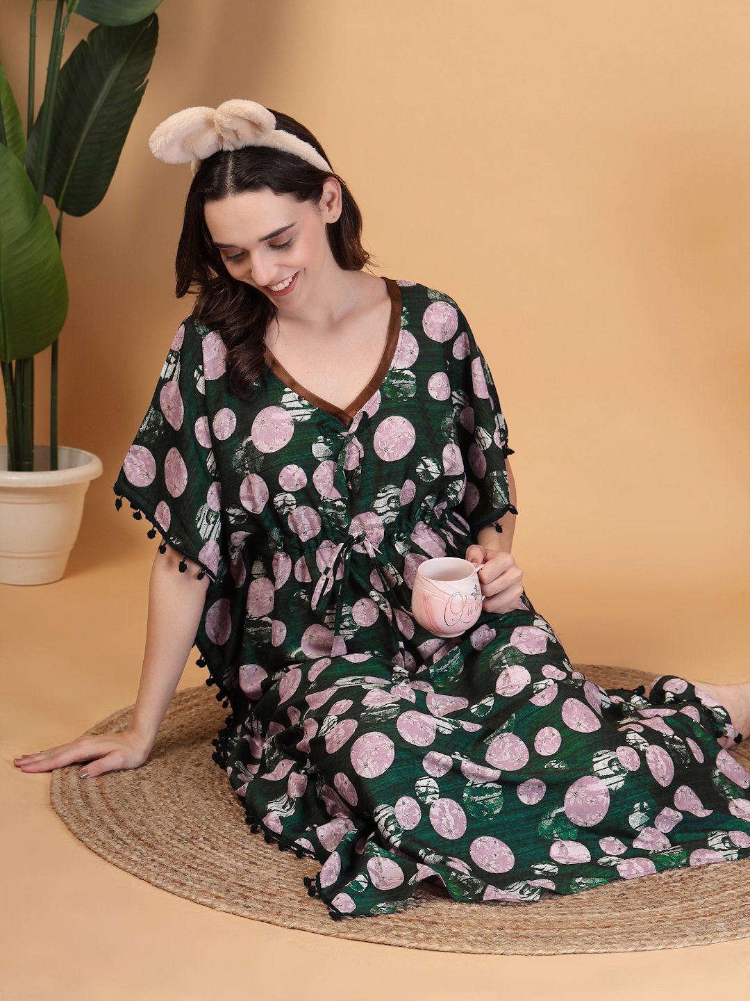 Green Floral Cotton Blend Kaftan Maxi Nightdress