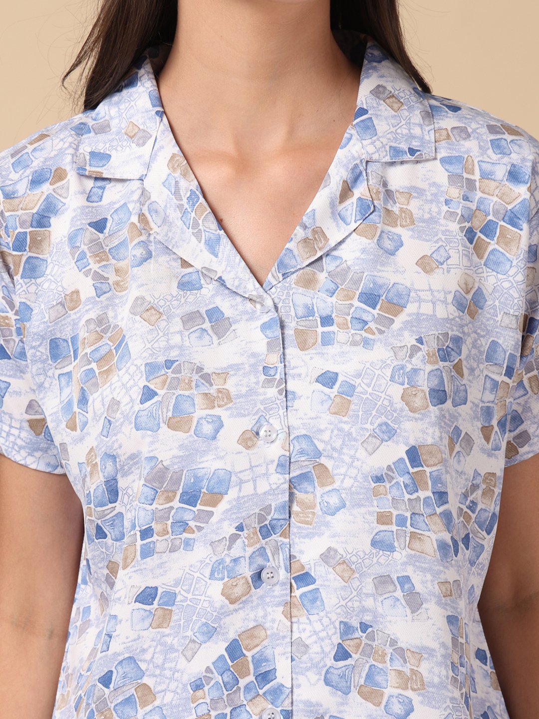 Blue Geometric Cotton Blend Women Night Suit