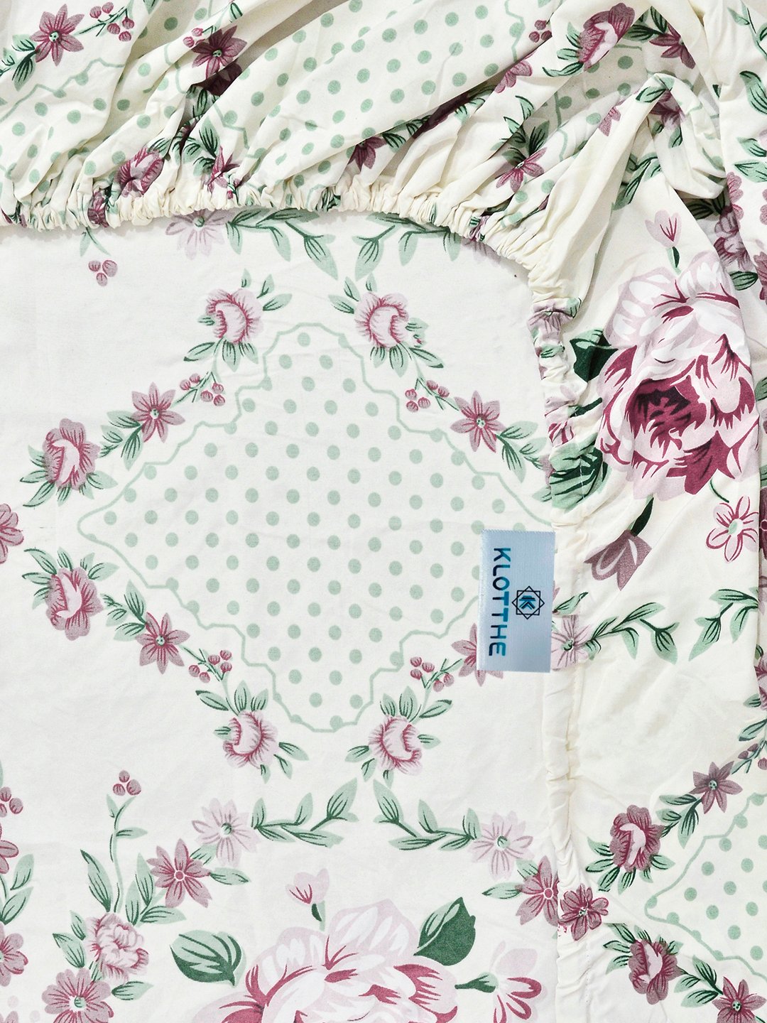 Cream Floral Cotton Blend Fitted Double Bedsheet with 2 Pillow Covers