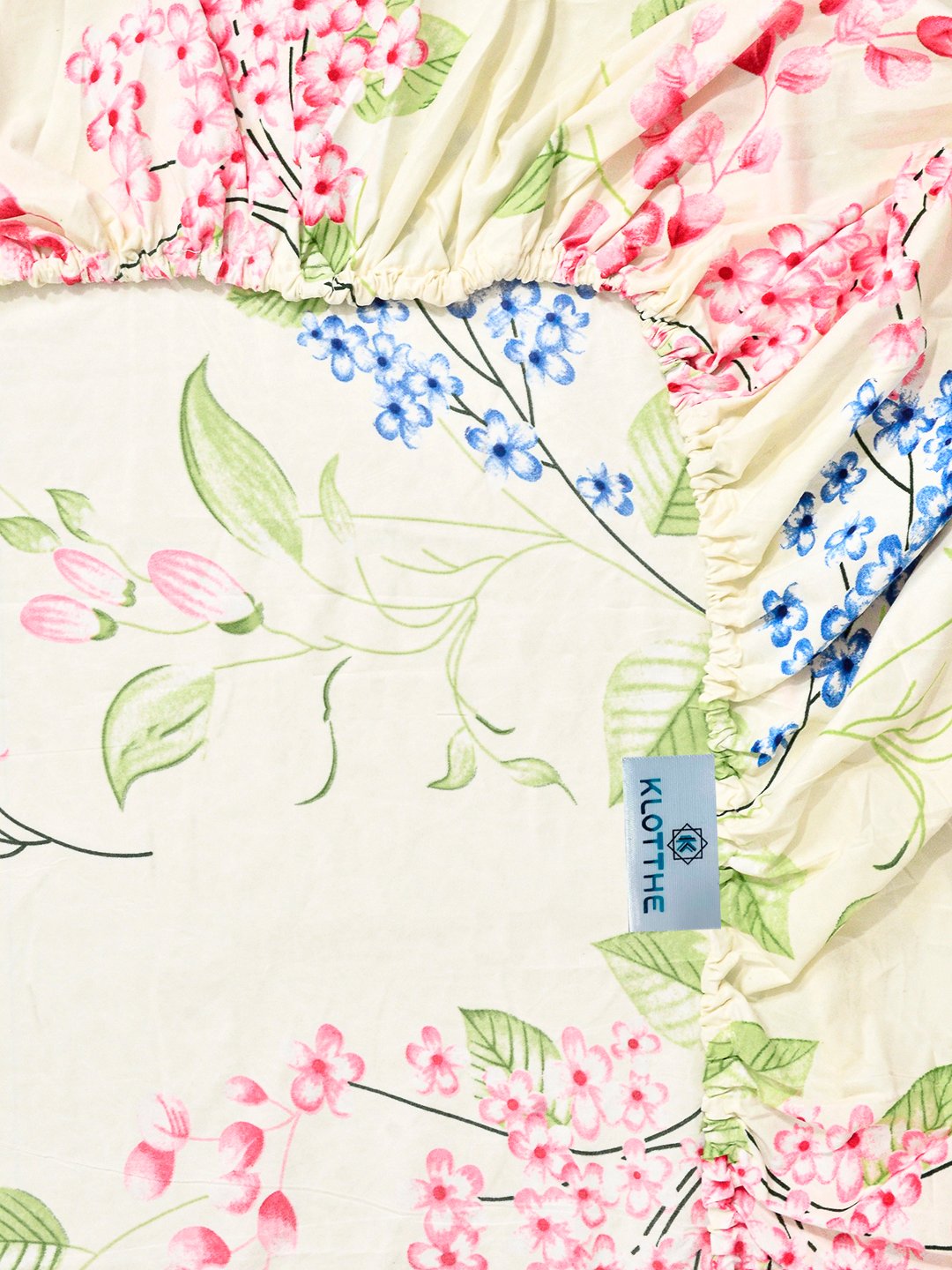 Cream Floral Cotton Blend Fitted Double Bedsheet with 2 Pillow Covers