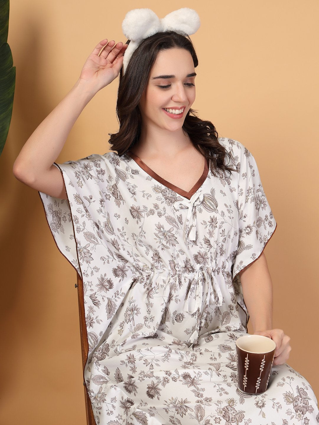 White Floral Cotton Blend Kaftan Maxi Nightdress