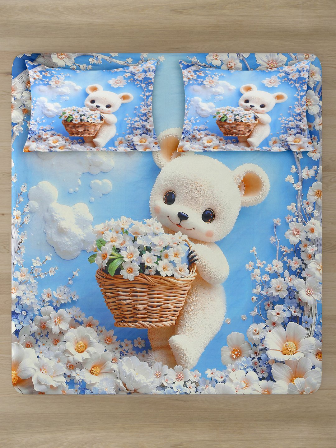 Blue Cartoon Characters 7D King Size Cotton Blend Fitted Double Bedsheet with 2 Pillow Covers