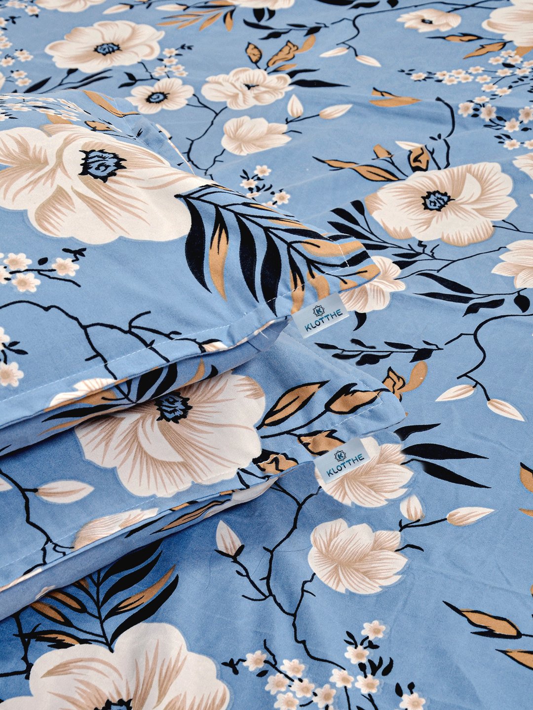 Blue Floral 300 TC Cotton Blend Double Bedsheet with 2 Pillow Covers