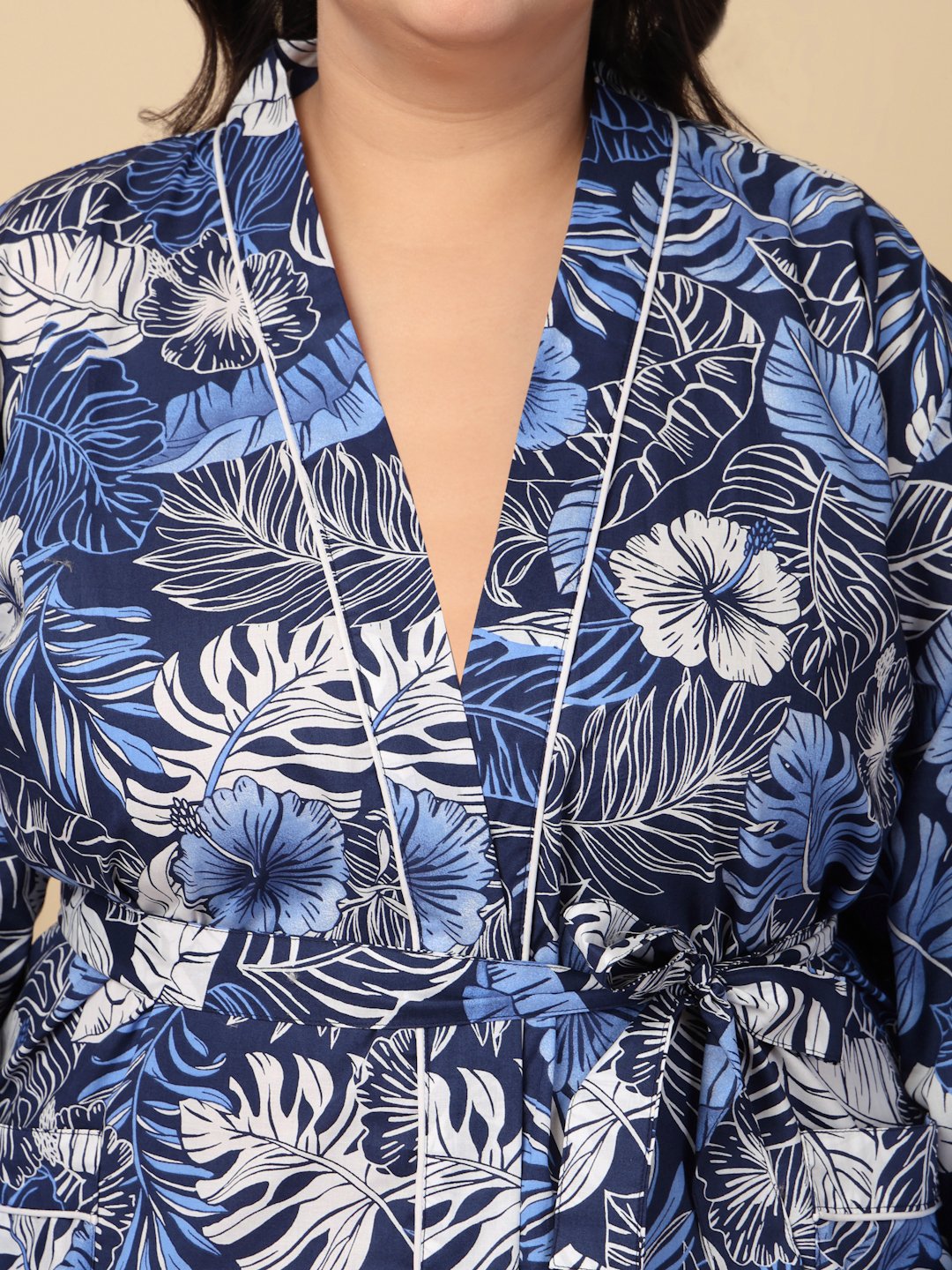 Women Printed Blue Floral  Plus Size Pure Cotton Bath Robe With Belt