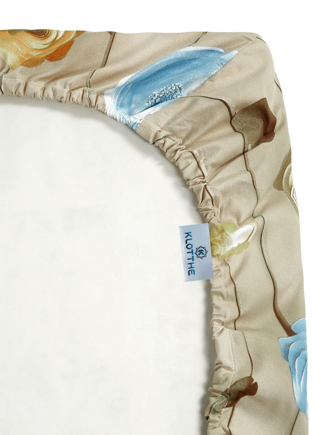 Beige Floral 7D King Size Cotton Blend Fitted Double Bedsheet with 2 Pillow Covers