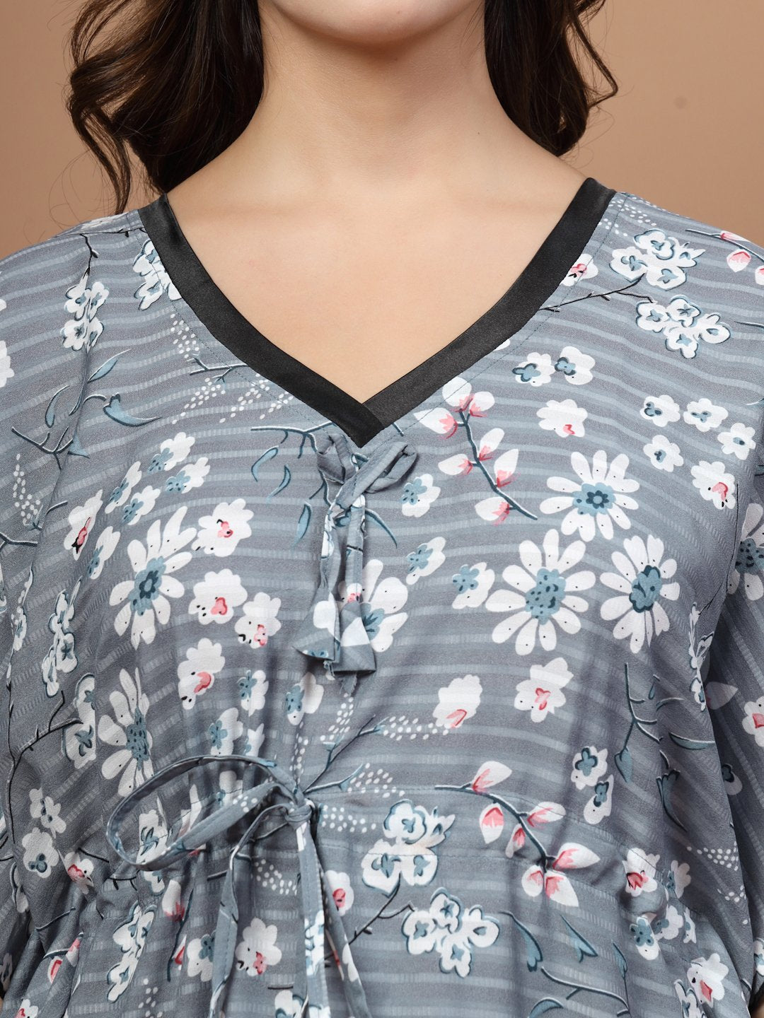 Grey Floral Cotton Blend Kaftan Maxi Nightdress