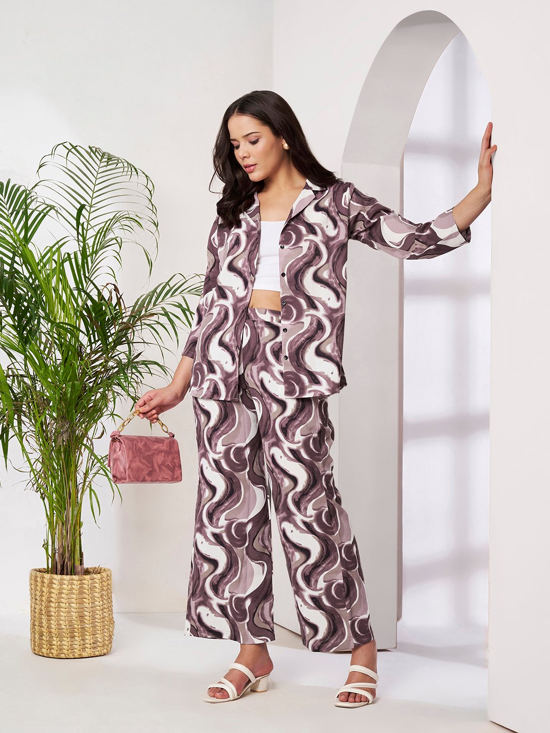 Wine Cotton Printed Shirt With Trousers Co-Ords Set