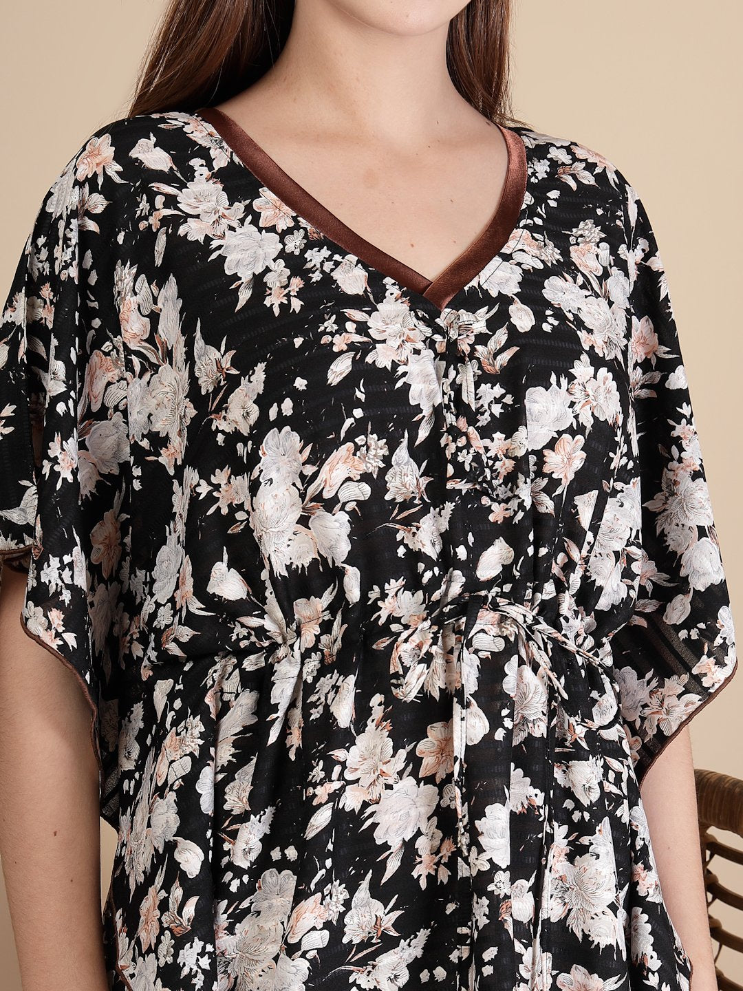 Black Floral Cotton Blend Kaftan Maxi Nightdress
