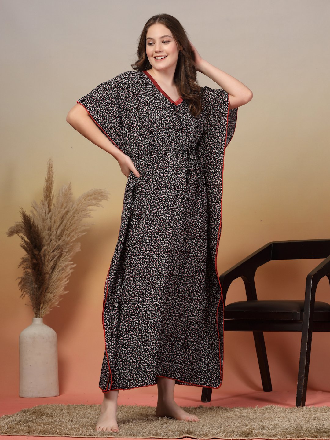 Black Floral Cotton Blend Kaftan Maxi Nightdress